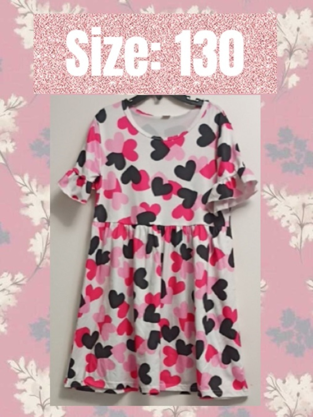 Girls' Heart Print Pink & Black Short Sleeve Dress